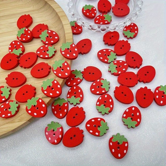 100 Stück Holzknöpfe in Erdbeerform in Rot und Rosa für Scrapbooking und Bastelarbeiten - Bild 1