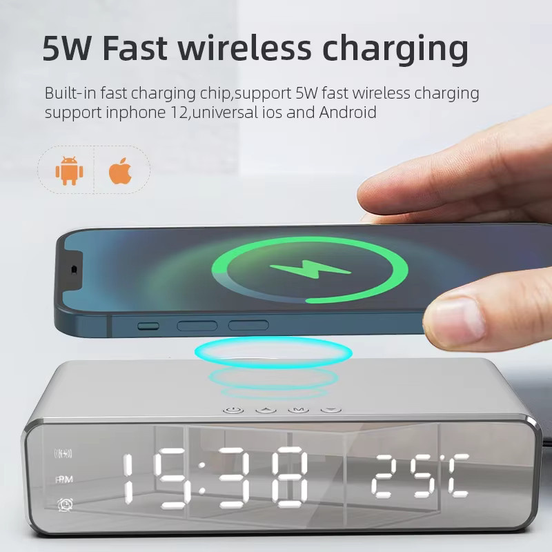VIKEFON Kabellose Ladestation mit LED Digitalwecker, Thermometer und Schnellladegerät für iPhone und Samsung in Schwarz - Bild 3