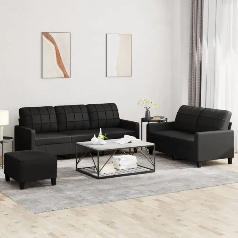 Vidaxl 3-Sitzer Sofa-Set mit Kissen in Schwarz aus Kunstleder im modernen Design - Bild 1