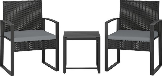 Outsunny 3-teiliges Garten-Set aus Rattan mit Tisch und Glasplatte sowie 2 Stühlen und waschbaren Kissen, Hellgrau - Bild 1
