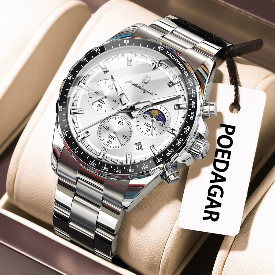 POEDAGAR Chronograph Armbanduhr, Quarz, Edelstahl, Silber, Herren - Bild 2