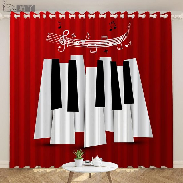 Yiran Furniture Musikbühne Vorhänge mit E-Gitarre Klavier und Schlagzeug Design in Rot, Breite: 100 cm, Höhe: 130 cm - Bild 1