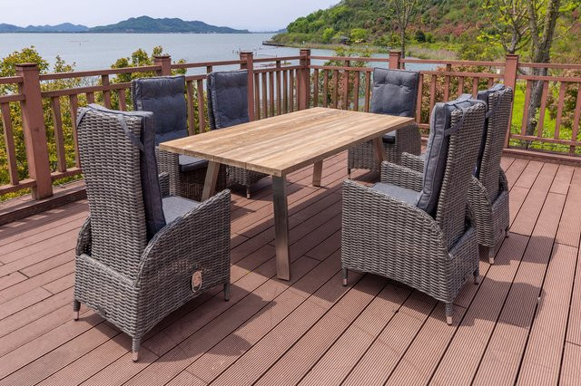 OUTFLEXX Garten-Essgruppe aus Edelstahl und recyceltem Teakholz in Grau mit Tisch und 6 Hochlehner-Diningsesseln, Tisch B: 200 cm, T: 100 cm - Bild 1