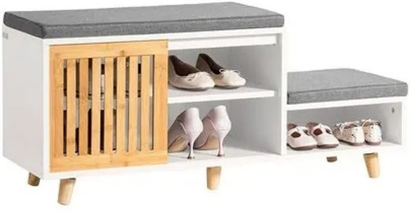SoBuy Schuhbank FSR125-WN mit 2 Sitzflächen und 1 Schiebetür aus MDF und Bambus in Weiß, B/T/H: 150 x 35 x 46 cm