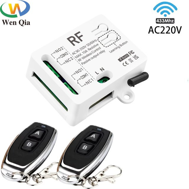 WenQia Drahtlose Fernbedienung mit 433 MHz RF Empfänger und 2-Kanal-Relais für AC 110V 220V 230V bis 2300W zur Steuerung von Licht und Garagentoren - Bild 1
