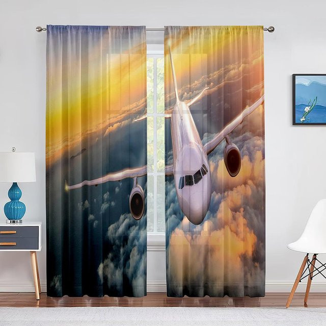 Super Six Transparente Chiffon Vorhänge mit Flugzeug-Motiv bei Sonnenuntergang über dem Meer, Tüllvorhang für Wohnzimmer und Schlafzimmer, B: 100 cm, H: 250 cm - Bild 1