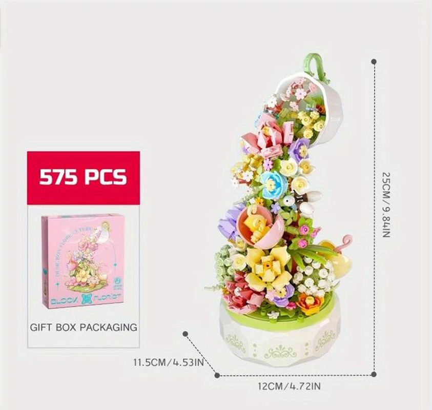 Binchi Keji Travel Teetassen-Blumen-Spieluhr aus Bausteinen, mehrfarbiges dekoratives Ornament für Zuhause und als Geschenk für Kinder - Bild 1