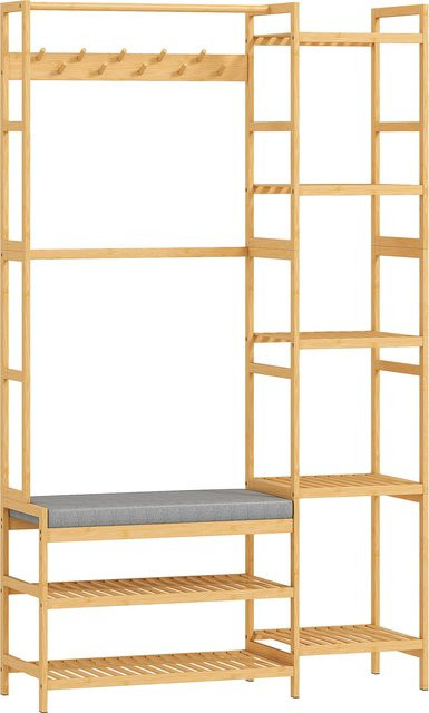 HOMCOM Garderobenständer mit Schuhbank und 10 Haken aus Bambus, Farbe: Braun/Beige, Höhe: 175 cm - Bild 1