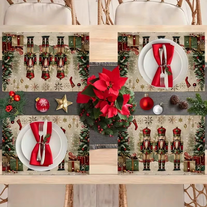 VIKAMA 4-teiliges Weihnachts-Tischset mit Nussknacker-Motiv in Rot, Grün und Gold - Bild 2