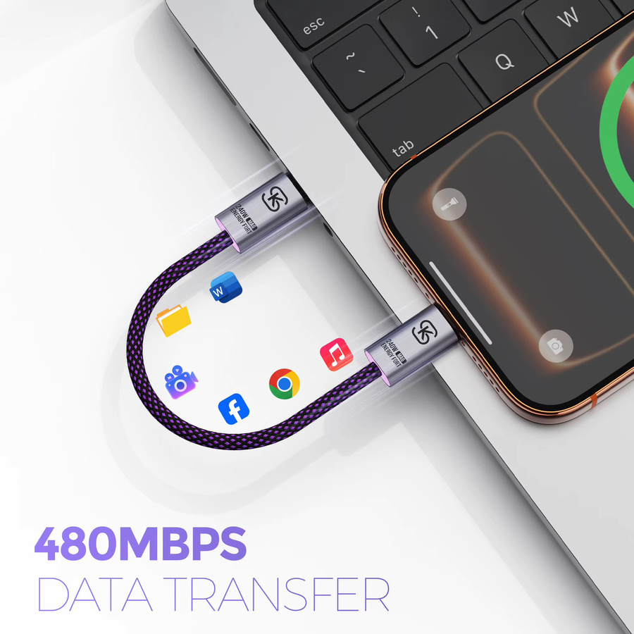 MOSHOU Magnetisches USB-C-Schnellladekabel PD240W mit 480 Mbit/s Datenübertragung in Lila - Bild 2