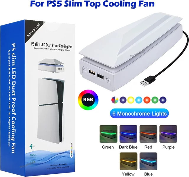 Pogopirate Kühlventilator für PS5 Slim mit RGB-LED-Beleuchtung und Staubschutz in Weiß - Bild 1