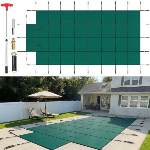 VEVOR Pool Abdeckplane in Grün für rechteckige Einbaupools, Sicherheits-Poolabdeckung aus Netzgewebe mit Entwässerungslöchern und integrierten Endstufen, passend für 5,5 x 11 m (18 x 36 ft) - Bild 1