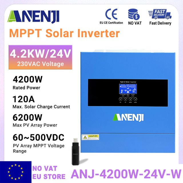 ANENJI Hybrid-Solarwechselrichter 4,2KW 24V mit MPPT 120A Solar-Laderegler, Reine Sinuswelle, On/Off-Grid, 230V, Duale Ausgänge, 500V PV, mit WLAN, Blau - Bild 1