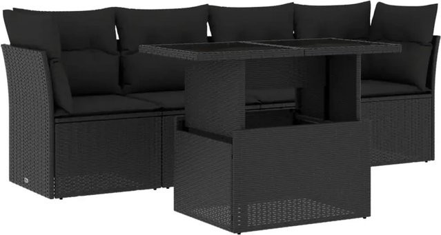 vidaXL 5-tlg Garten-Sofagarnitur in L-Form aus schwarzem Poly-Rattan mit Tisch und Kissen - Bild 1