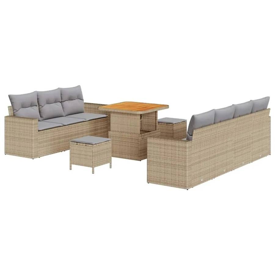 vidaXL Garten-Sofa-Set aus Poly-Rattan in Beige und Grau, 10-teiliges Lounge-Set mit Kissen, Tisch, Hockern und Stauraumfunktion - Bild 2