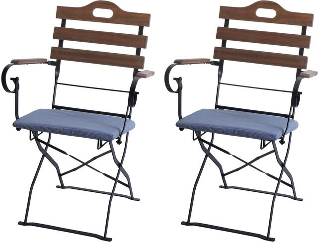 2er-Set MCW Biergartenstühle J40 aus Akazie mit blauen Polstern, hellbraun - Bild 1