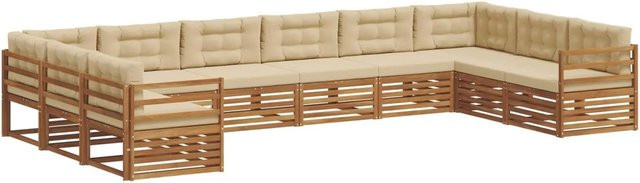 vidaXL Sofagarnitur aus Massivholz Akazie in Natur und Beige, 10-teiliges U-Shape Set mit Sitz- und Rückenkissen - Bild 1