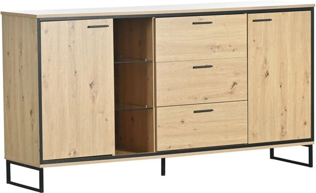 PXloue Sideboard Modern mit integrierter Beleuchtung, Glasfächern und Metallfüßen, Farbe: Braun/Schwarz, B/T/H: 160 x 40 x 85 cm - Bild 1