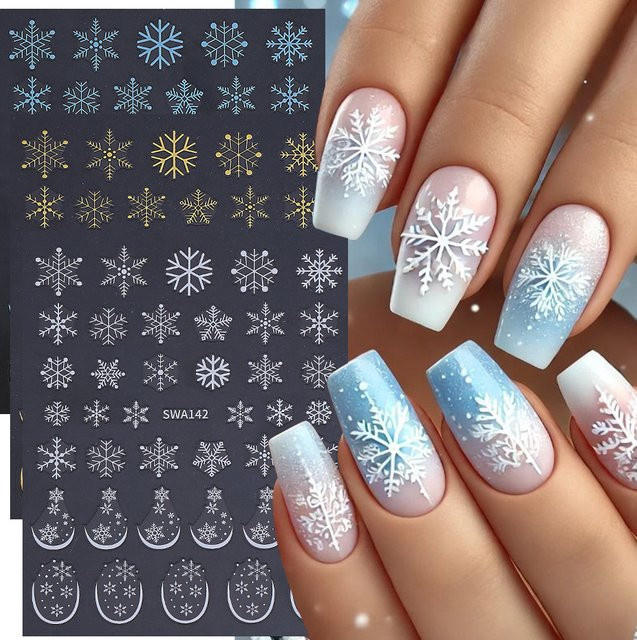 SWEET TREND Nagelkunst-Aufkleber, Schneeflocken, Weißgold, Blau, Glänzend - Bild 1