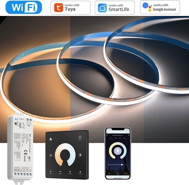 CENFAYA Tuya WiFi COB CCT LED-Streifen 24V Dual-Weiß, dimmbar mit Touch-Fernbedienung, kompatibel mit Alexa und Google Assistant, Farbe: Weiß - Bild 1