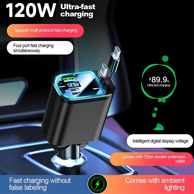 KEBETEME 150W Auto-Ladegerät mit einziehbarem USB-C PD Schnellladekabel in Schwarz für Samsung und Huawei als Universal Zigarettenanzünder-Adapter - Bild 1