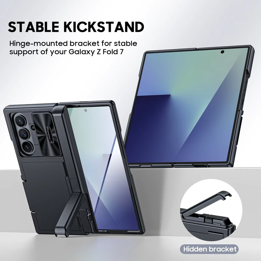 Samsung Galaxy Z Fold 7 Handyhülle mit RFID-Kartenhalter, verstecktem Ständer und Kameraabdeckung, stoßfeste Silikon-Wallet-Hülle in Schwarz - Bild 4