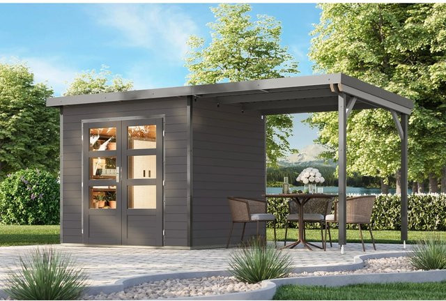 Karibu Gartenhaus Domingo 2 B mit Anbaudach aus Holz in Grau - Bild 1