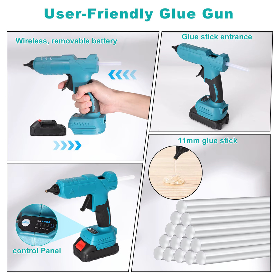 WUIETI Kabellose Heißklebepistole 100W in Blau, kompatibel mit Makita 18V Akku, für 11mm Klebesticks, tragbares DIY-Werkzeug - Bild 6
