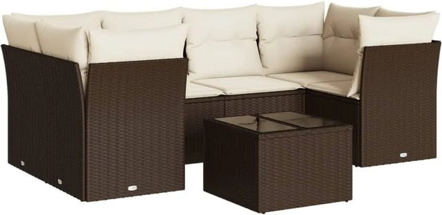 vidaXL 7-teilige Garten-Sitzgruppe aus Polyrattan in Braun mit Kissen und L-Form - Bild 1