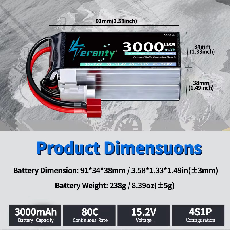 2 Stück TERANTY LiPo-Akku 4S 3000mAh mit XT60 Stecker für FPV Drohne Flugzeug RC Auto Boot in Schwarz - Bild 3