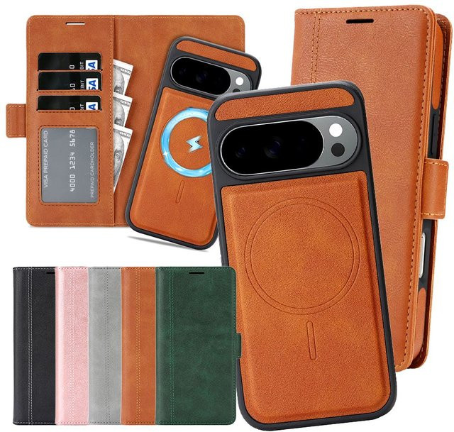 2-in-1 Ledertasche für Google Pixel 9, 9a, 9Pro, 10 Pro und 10Pro XL mit Kartenfächern und magnetischer Brieftasche, Farbe: Grün - Bild 1