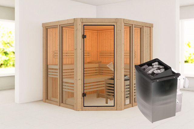 Karibu Sauna AIRI aus Espe und Fichte in Braun mit 9,0 kW Ofen und integrierter Steuerung, B/T/H: 196 x 196 x 198 cm - Bild 1