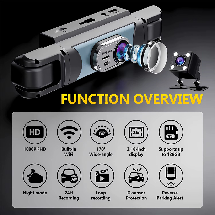 OMGO 4-Kanal 360-Grad Dashcam in Schwarz mit FHD 1080P, WiFi und App-Steuerung inklusive Rückfahrkamera - Bild 2