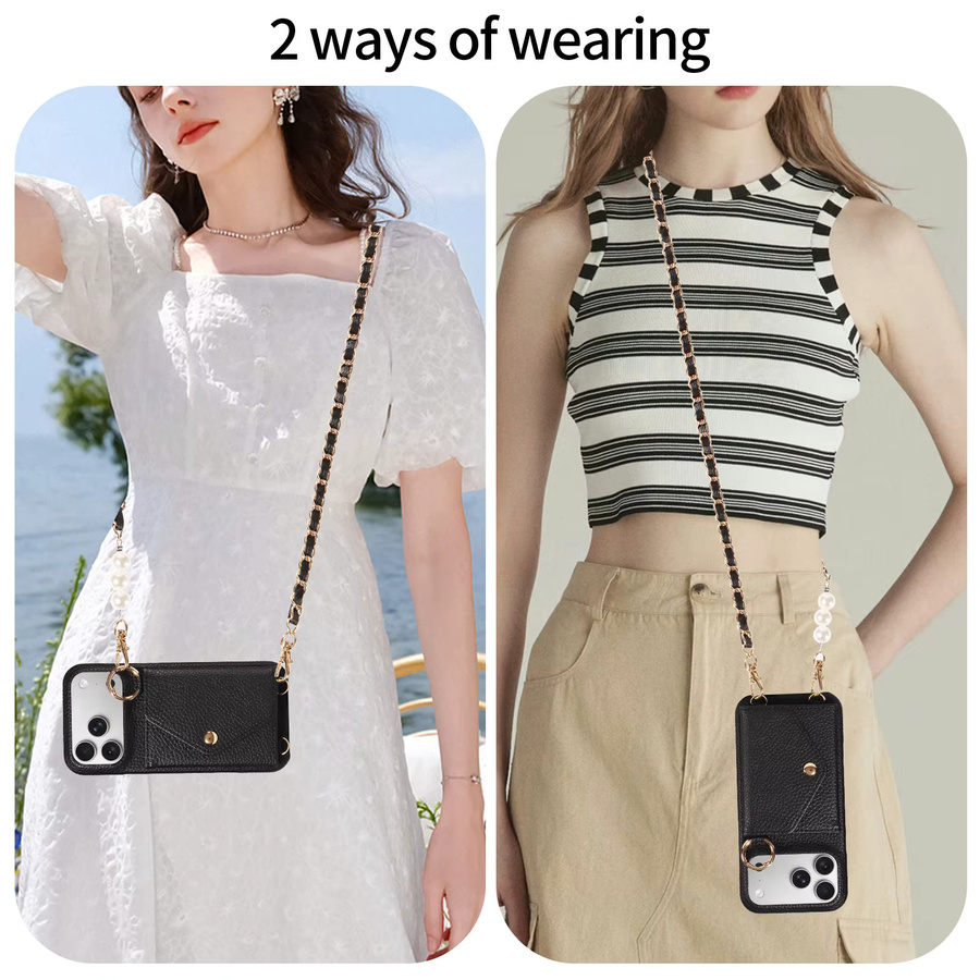 Crossbody Brieftaschenhülle aus PU-Leder mit Spiegel für iPhone 11 bis iPhone 17 Pro Max Plus Mini, stoßfest, Farben: Beige oder Schwarz - Bild 4