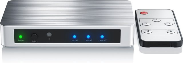Primewire 3-Port 4K UHD HDMI Switch in Silber mit Fernbedienung und Netzteil (3x HDMI IN / 1x HDMI OUT) - Bild 1