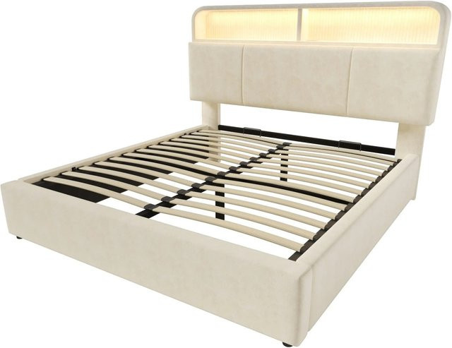 okwish Polsterbett Beige mit verstellbarem Kopfteil, USB-Ladeport, Leselicht und Bettunterfluchtbeleuchtung, B/T/H: 140 x 200 x 145 cm - Bild 1