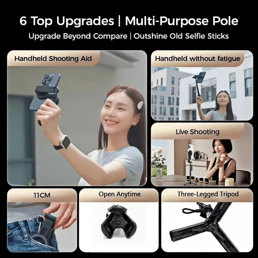 EOENKK 4-in-1 Multifunktionaler Magnetischer Mini-Selfie-Stick mit 360 Grad Rotation und Bluetooth Fernbedienung in Schwarz - Bild 2