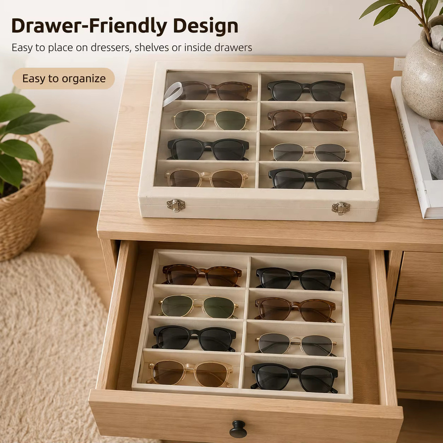 Meltset Sonnenbrillen-Aufbewahrungsbox mit 8 Fächern aus Samt in Beige als Brillenorganizer und Schmuckhalter für Schublade oder Schrank - Bild 3