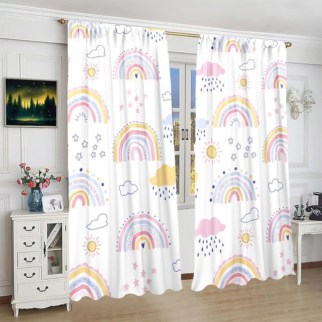 2er-Set Cartoon-Regenbogen Vorhang aus Polyester in Mehrfarbig, semi-transparent für Schlafzimmer und Wohnzimmer - Bild 1
