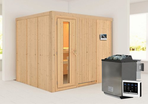 Karibu Sauna Jöhvi aus Fichtenholz in Beige für 4 Personen inklusive 9 kW Bio-Kombi-Saunaofen mit externer Steuerung, B/T/H: 231 x 198 x 196 cm - Bild 1