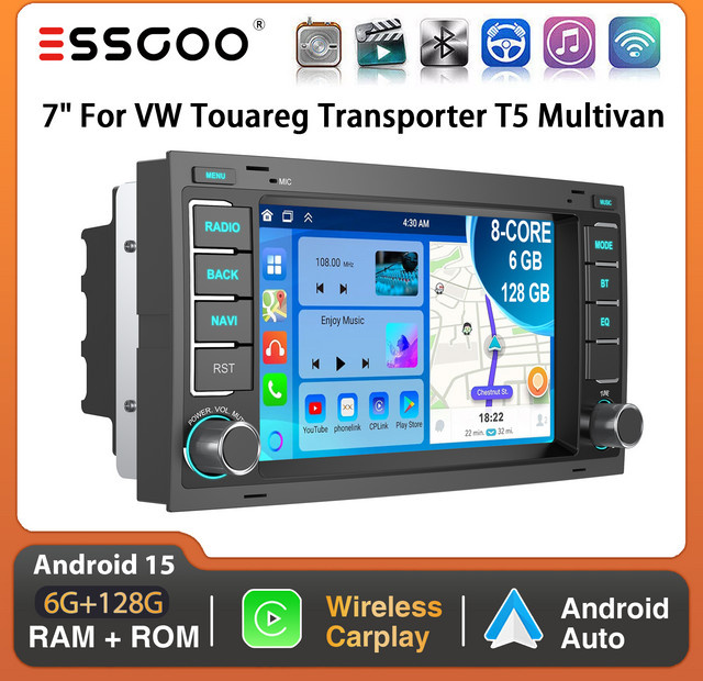 ESSGOO Android 15 Autoradio für VW T5 Multivan Transporter mit 7 Zoll Display, 6+128GB Speicher, 8-Kern Prozessor, kabellosem Carplay, GPS, 4G, Bluetooth und DSP, Schwarz - Bild 1