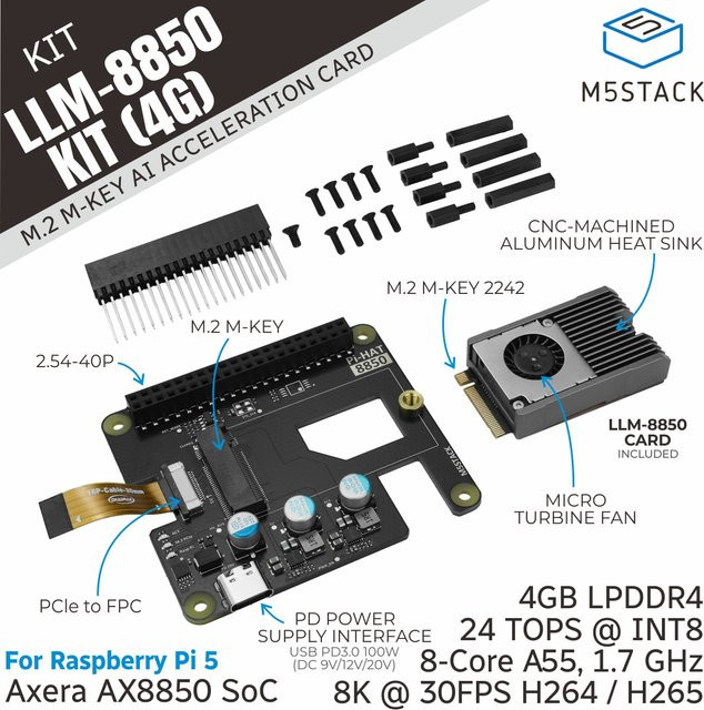 M5Stack AI-8850 LLM Beschleunigungs-M.2-Kit 4GB Version in Schwarz mit NVMe/M.2 Unterstützung - Bild 1