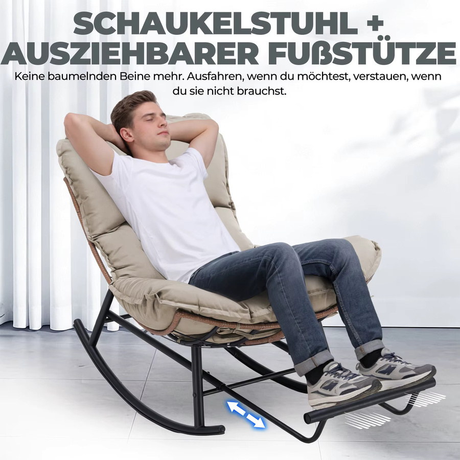 COMHOMA Schaukelstuhl Relaxsessel mit ausziehbarer Fußstütze und abnehmbarem Kissen in Blau mit Stahlgestell - Bild 2