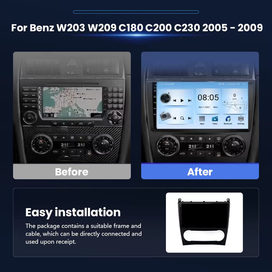 RSNAVI Android 16 Multimedia Autoradio mit Wireless CarPlay für Mercedes Benz W203 W209 C180 C200 C220 C230 (2005 - 2009), Schwarz - Bild 2
