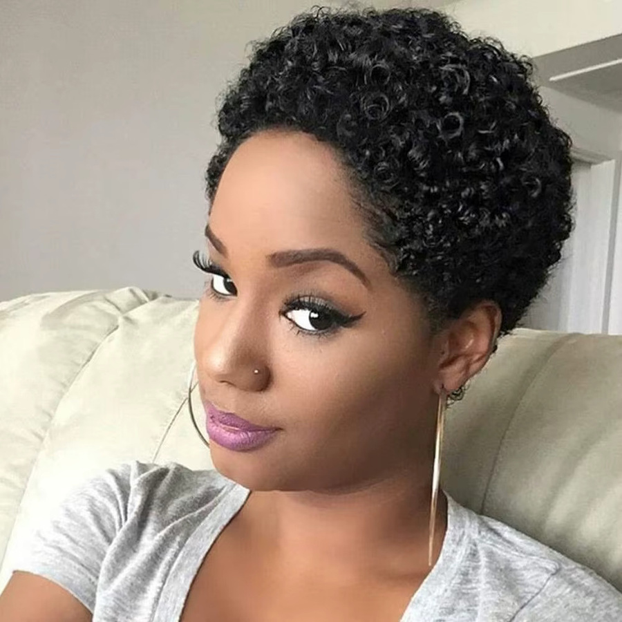 OYM HAIR Pixie-Perücke, schwarz, lockig, Echthaar, Damen - Bild 2