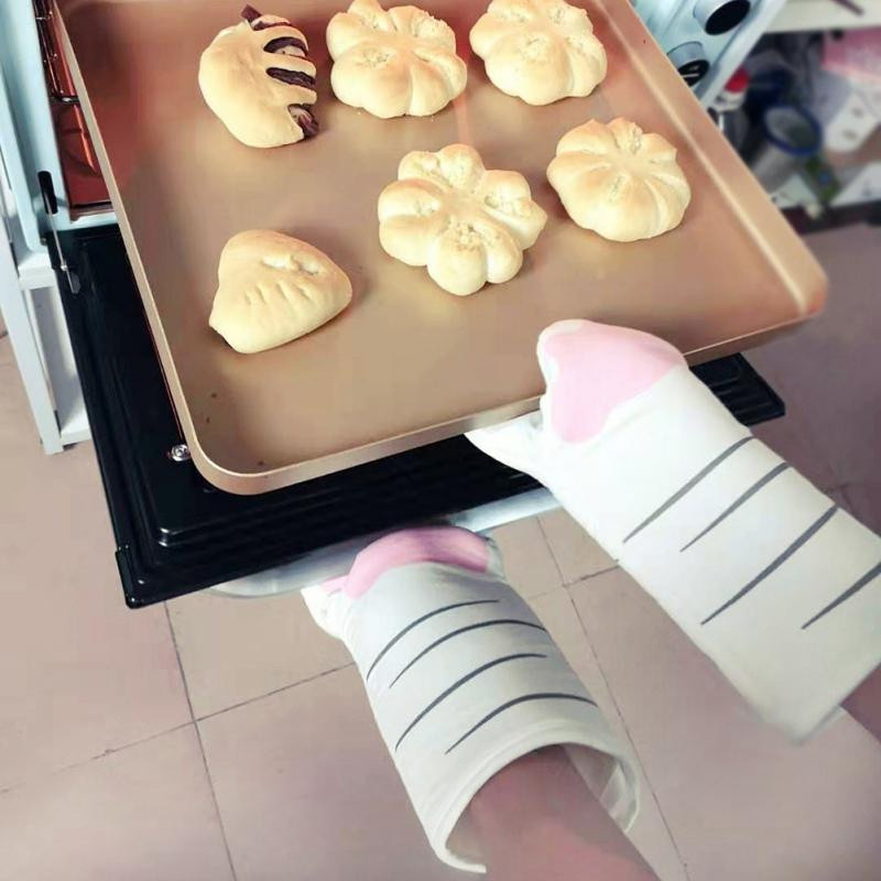 Hitzebeständige Ofenhandschuhe mit Katzenpfoten-Design von Household supplies MH, rutschfest und lang, aus Baumwolle, mehrfarbig - Bild 2