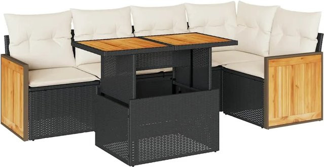 vidaXL 6-teilige Garten-Sofagarnitur in L-Form aus Polyrattan und Akazienholz mit Kissen in Schwarz-creme - Bild 1