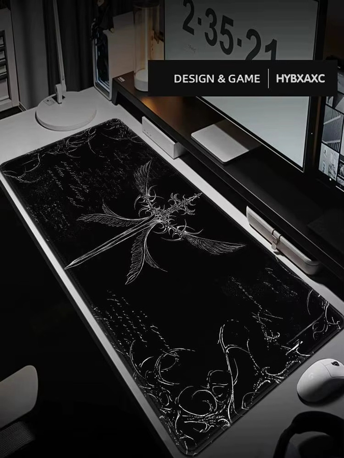 HYBXAXC Gaming-Mauspad XXL mit Schwertkunst-Design und gotischen Symbolen in Schwarz und Weiß - Bild 7