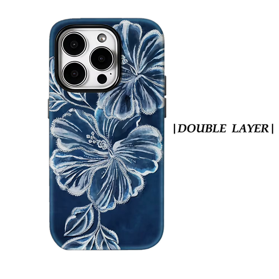Robuste doppelschichtige Handyhülle mit Blumenmuster von Potdemiel für iPhone 17 16 15 14 13 Pro Max Plus, Marineblau und Weiß, magnetisch kompatibel - Bild 6
