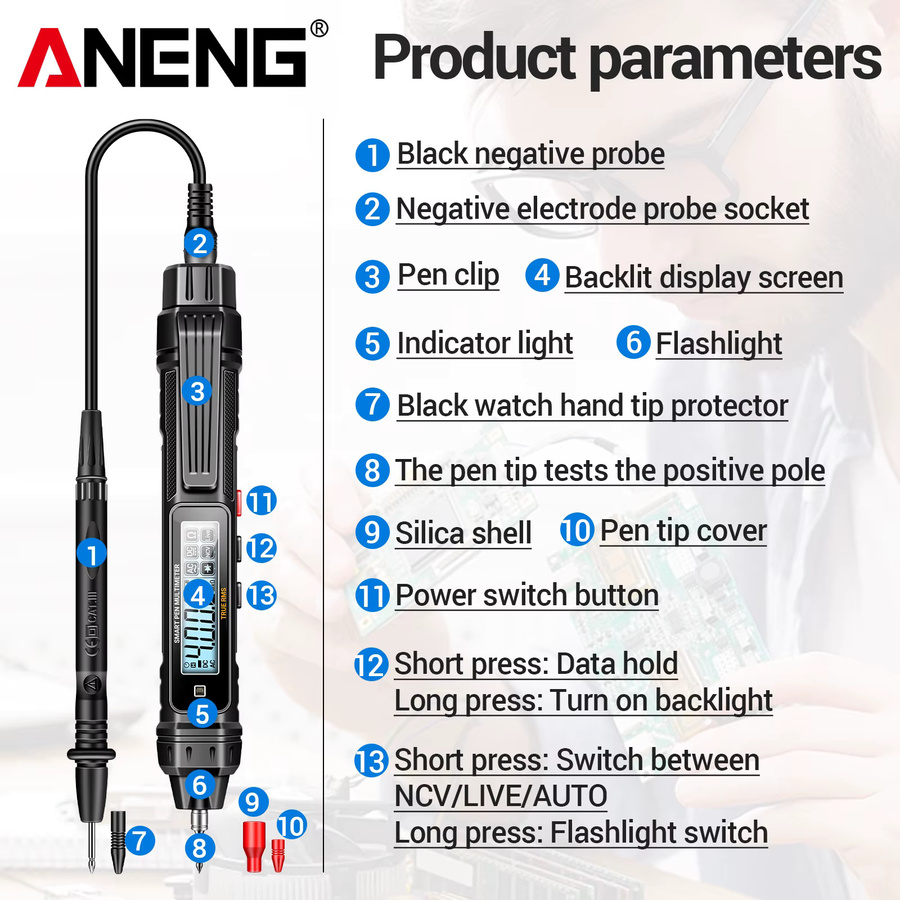 ANENG A3005 Elektriker-Spezialmultimeter im Stiftformat mit NCV-Induktionsmessung und Nullleiter-Erkennung in Schwarz - Bild 6